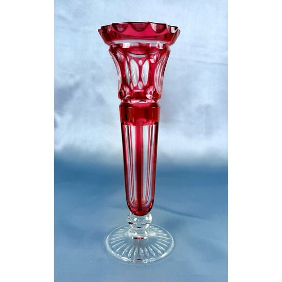 Antique Bohemian Ruby Cut to Clear Trumpet Bud Vase 6.5” Victorian Art Glass - Picture 2 of 8